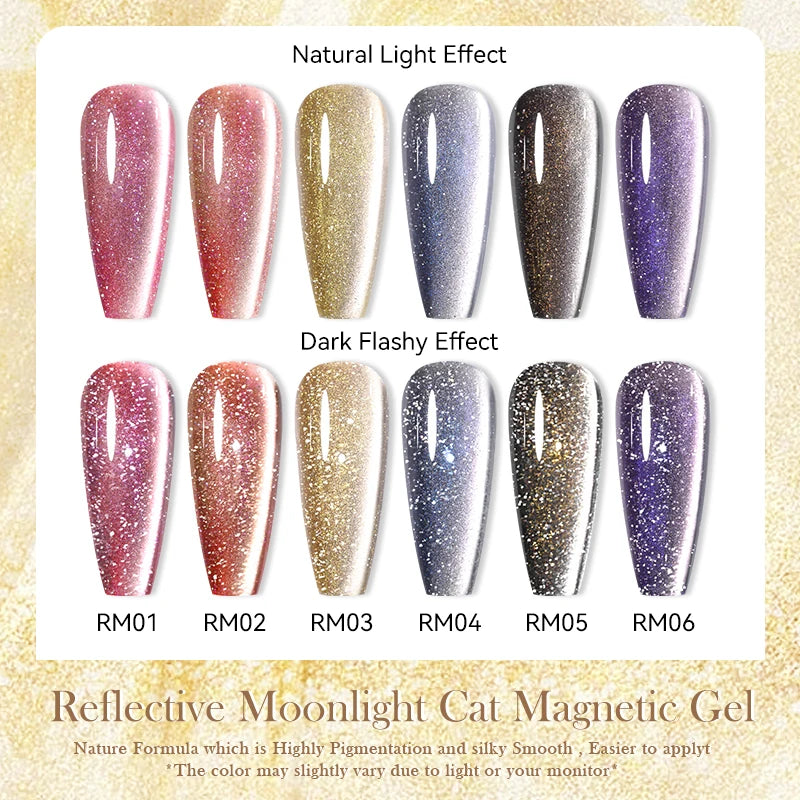 BORN PRETTY 6Pcs Gold Reflective Moonlight Gel Nail Polish Cat Magnetic Aurora Spar Glitter Semi-Permanant Varnish Nail Art