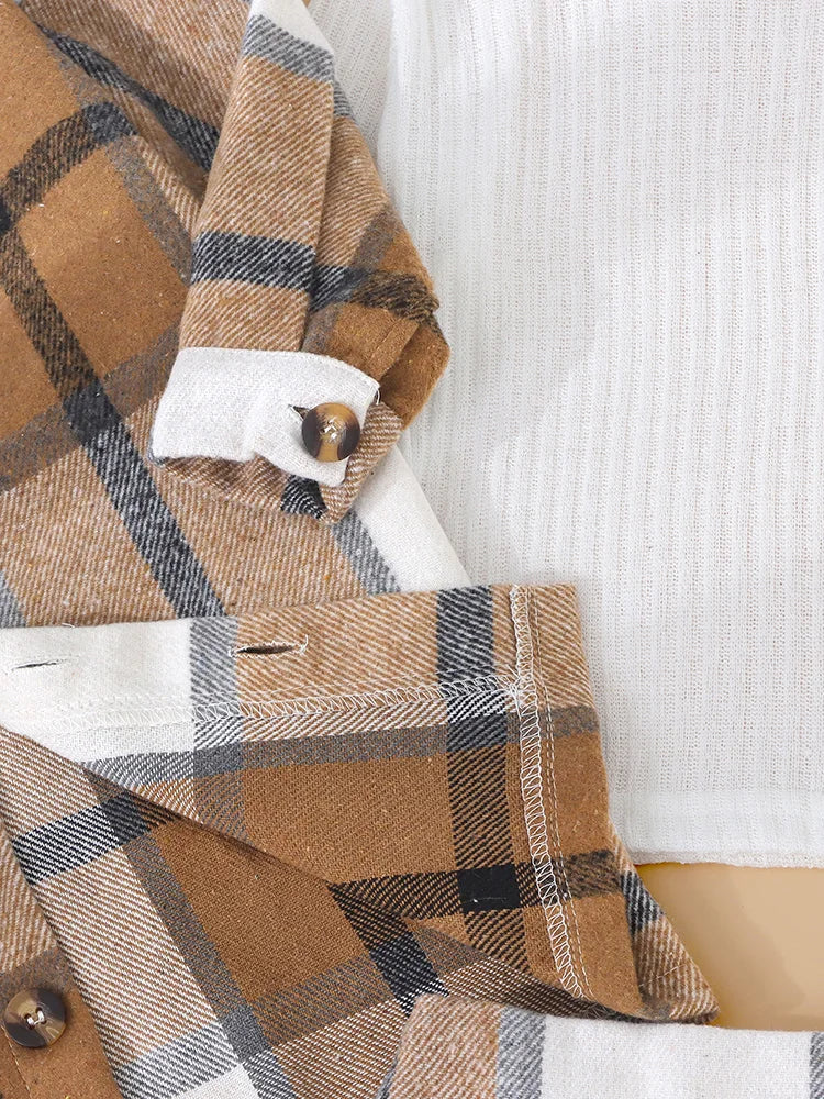 3Pcs Girls' Autumn Set, Solid Color High Neck Knitted Top+Medium to Long Button Checkered Shirt Jacket+Checkered Skirt
