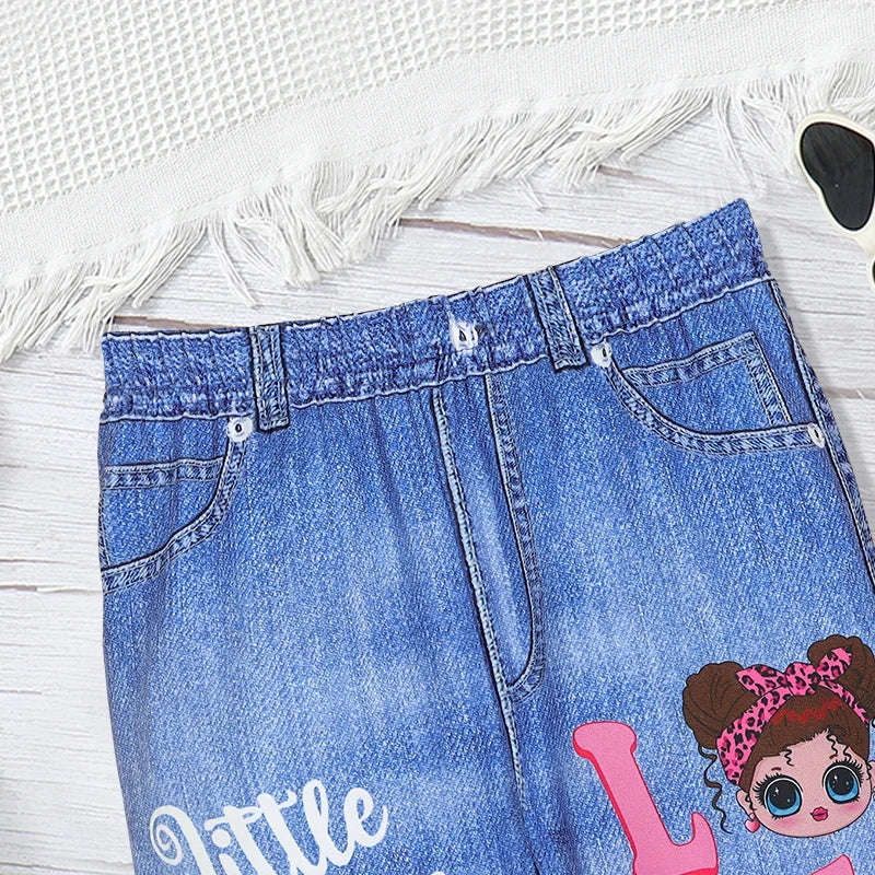 2pcs Girls' imitation denim print effect cartoon character letter pattern casual slim trousers suitable for spring and autumn