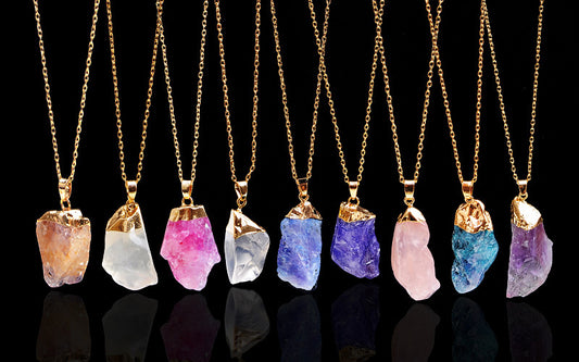 Zhuang Zhou multi-color natural crystal irregular rough gold rimmed single ring necklace sweater chain men's and women's accessories 2470