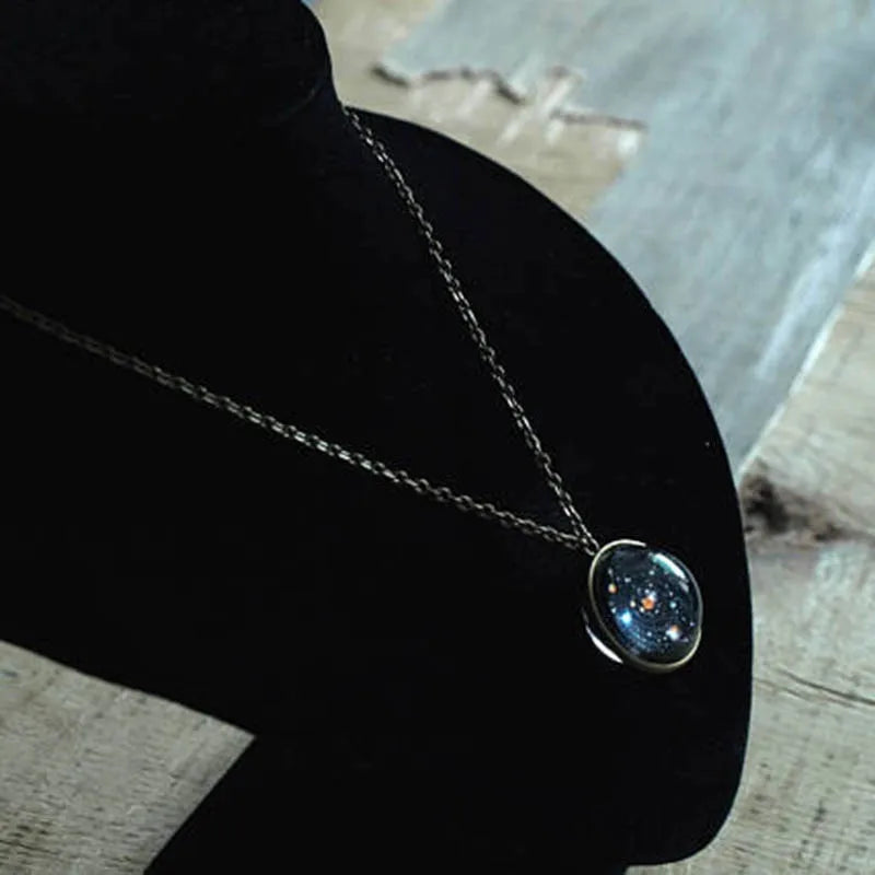 Ahmed Unisex Glow In The Dark Moon Necklace Galaxy Planet Glass Cabochon Pendant Necklace Vintage Luminous Jewelry Women Gifts