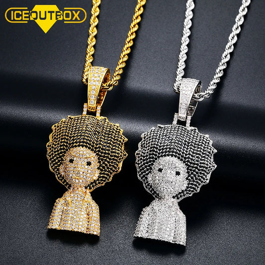 ICEOUTBOX Full Of Crystal Cartoon Man Pendant CZ Necklace Micro Paved Hip Hop Gold Silver Color For Women Mens Hip Hop Jewelry