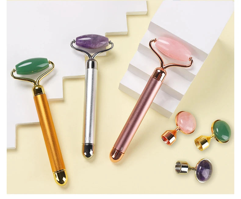 2 in 1 Electric Vibrating Natural Rose Quartz Jade Roller Face Lifting Crystal Jade Stone Facial Roller Beauty Massage Tool