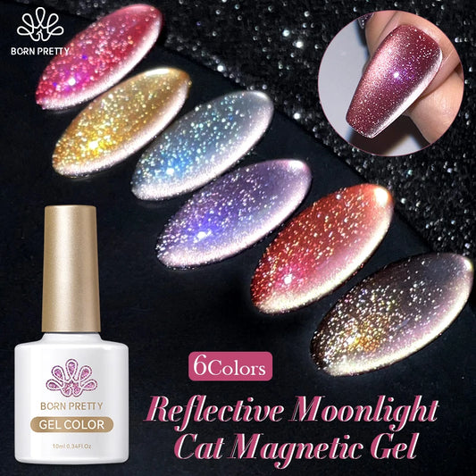 BORN PRETTY 6Pcs Gold Reflective Moonlight Gel Nail Polish Cat Magnetic Aurora Spar Glitter Semi-Permanant Varnish Nail Art