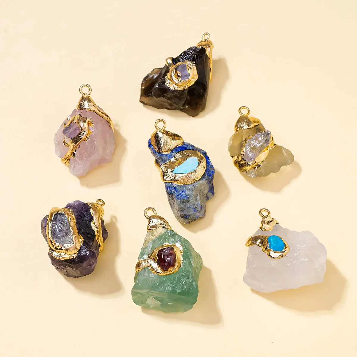 1pc Natural Crystal Gemstone Inlaid Gold Plated Pendant, Irregular Semi Precious Stone Necklace Accessory