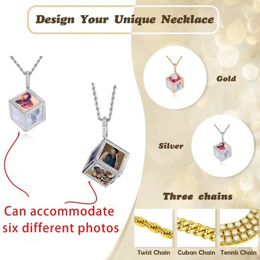 Custom Iced Out Square Memory Picture Pendants Necklace Hip Hop 18k Real Gold Plated Personalized Six Side Photo Pendant