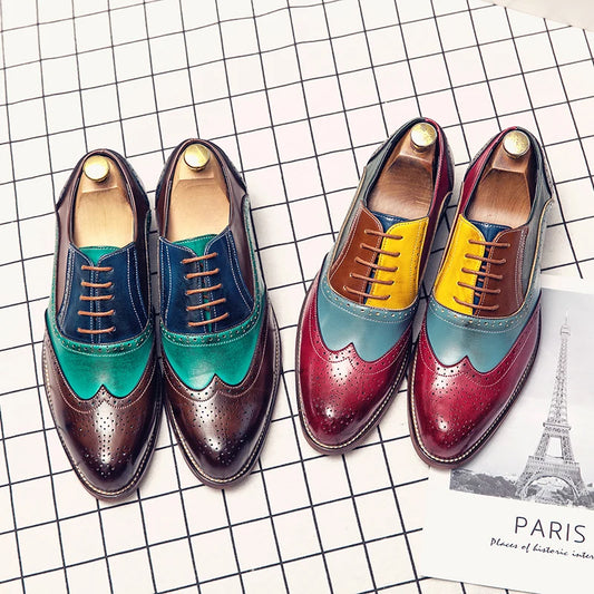 Men's Brogue Shoes Trend Color Blocking Design Luxury Brand Men's Leather Casual Shoes High-end New Dress Shoes Big Size：38-48