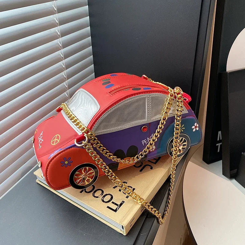 Super Cool Cartoon PU Car  Shape Shoulder Bags Unique Design Personality Exquisite Chains Hot Trendy Handbags for Women 2025 New