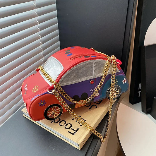 Super Cool Cartoon PU Car  Shape Shoulder Bags Unique Design Personality Exquisite Chains Hot Trendy Handbags for Women 2025 New