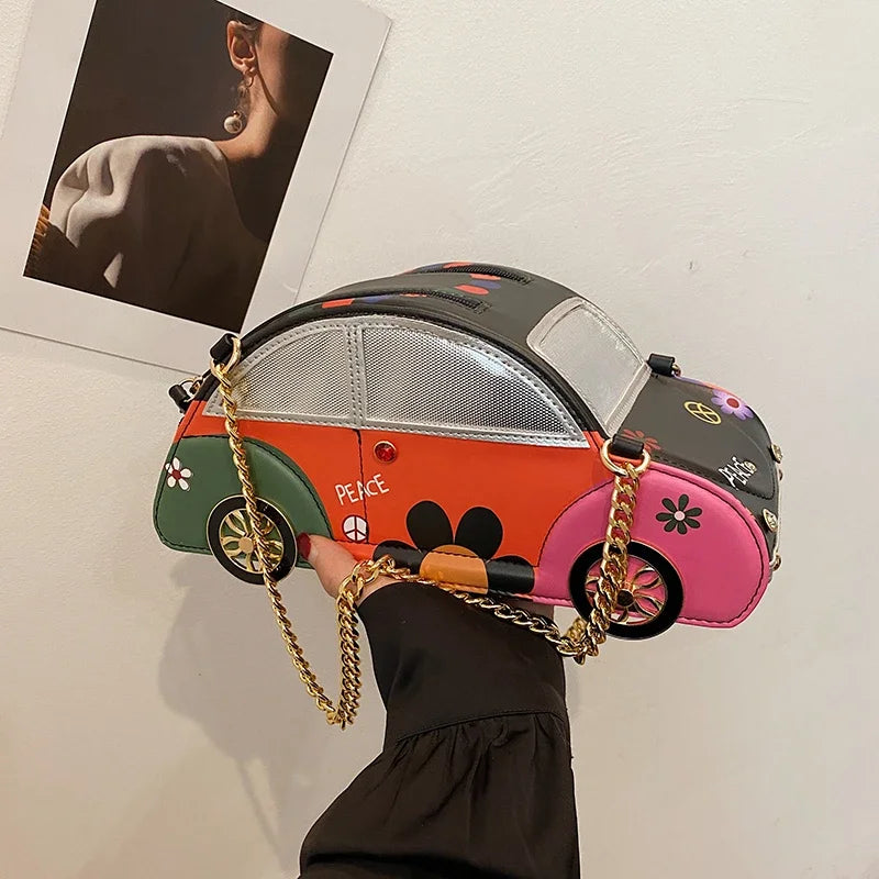 Super Cool Cartoon PU Car  Shape Shoulder Bags Unique Design Personality Exquisite Chains Hot Trendy Handbags for Women 2025 New