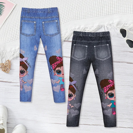 2pcs Girls' imitation denim print effect cartoon character letter pattern casual slim trousers suitable for spring and autumn