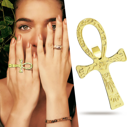 RechicGu Vintage Carved Egyptian Scriptures Ankh Cross Gothic Band Finger Ring For Women Men Fashion Jewelry Hip Hop Accessories