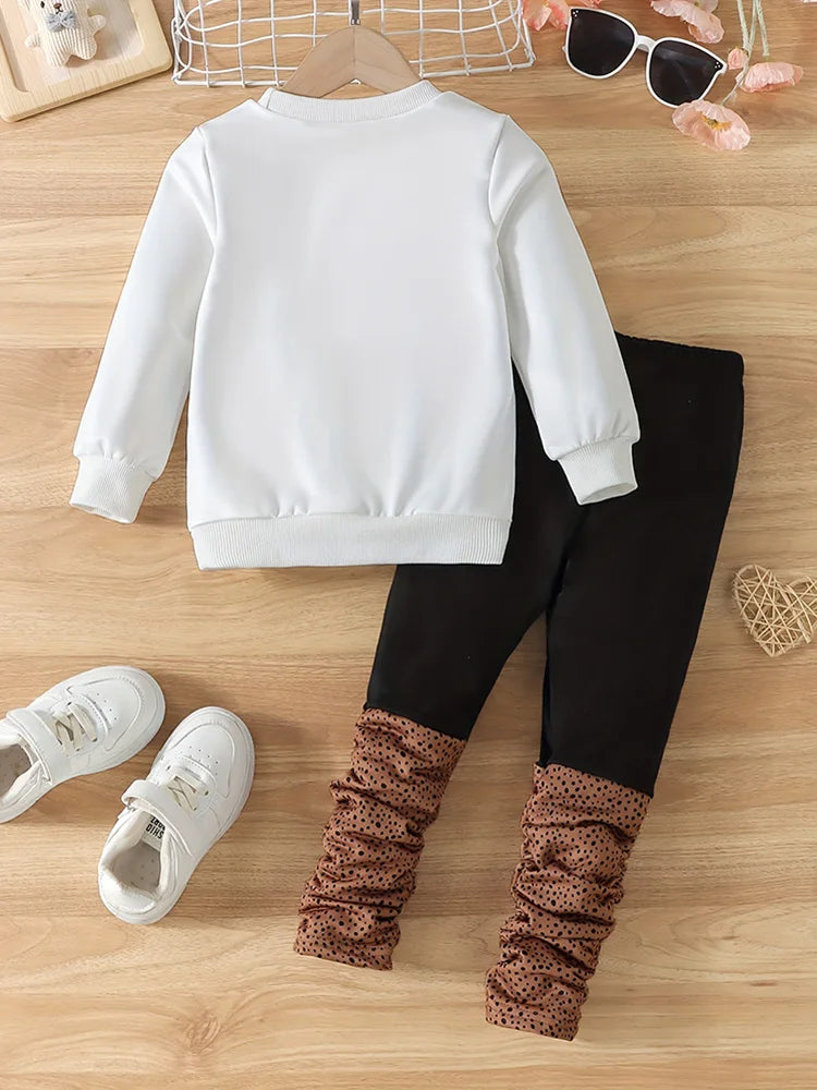2-Piece Set of Girls' Autum Portrait Printed Round Neck Long-Sleeved Sweatshirt Pure Color Splicing Pleated Printed Pants Set