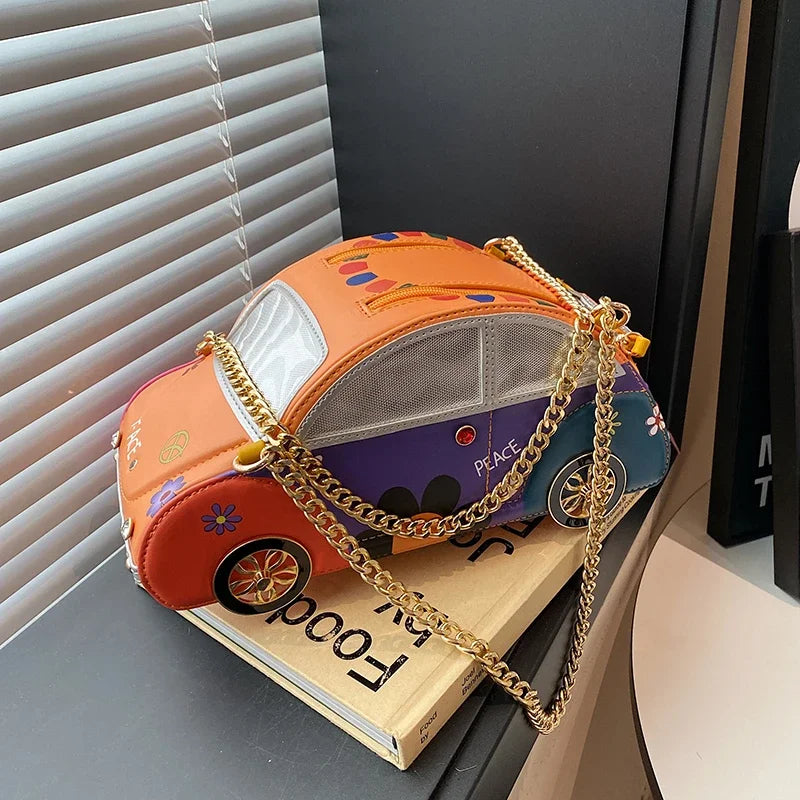 Super Cool Cartoon PU Car  Shape Shoulder Bags Unique Design Personality Exquisite Chains Hot Trendy Handbags for Women 2025 New
