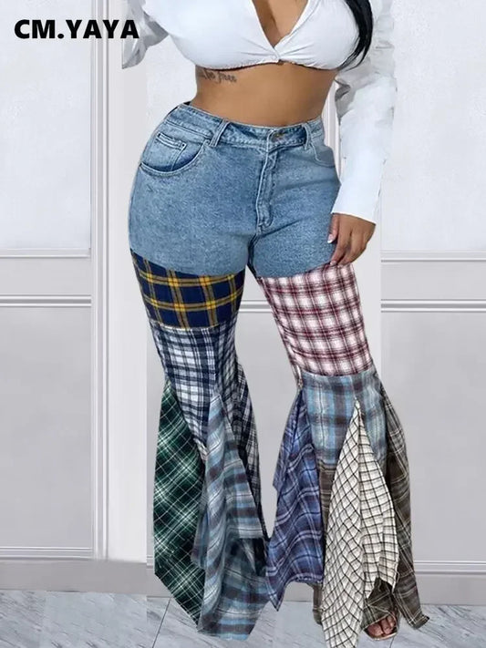 CM.YAYA Women Colorful Plaid Patchwork Zipper Fly Flare Jeans 2023 Vintage INS Fashion Streetwear Wide Leg Denim Trouers Pants