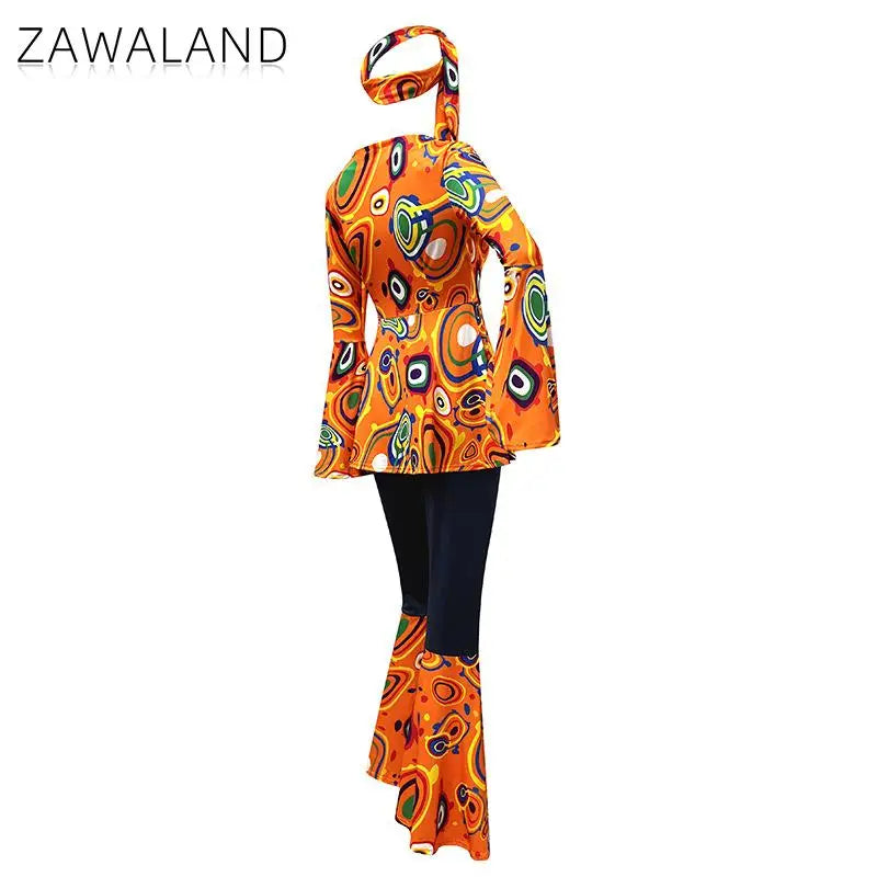 Zawaland Women's Disco Dress Sets Hip Hop Cosplay Costume Female Fashion Floral Printing Top Pants Patchwork Suit Clothes