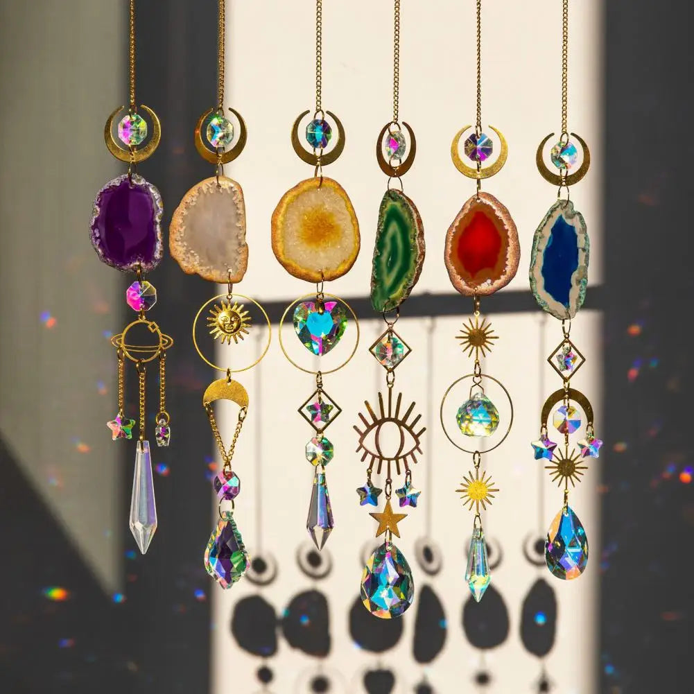 45cm Sun Catcher Natural Stones Agate Crystal Wind Chime Rainbow Making Diamond Prisms Pendant Dream Catcher Hanging Garden Deco