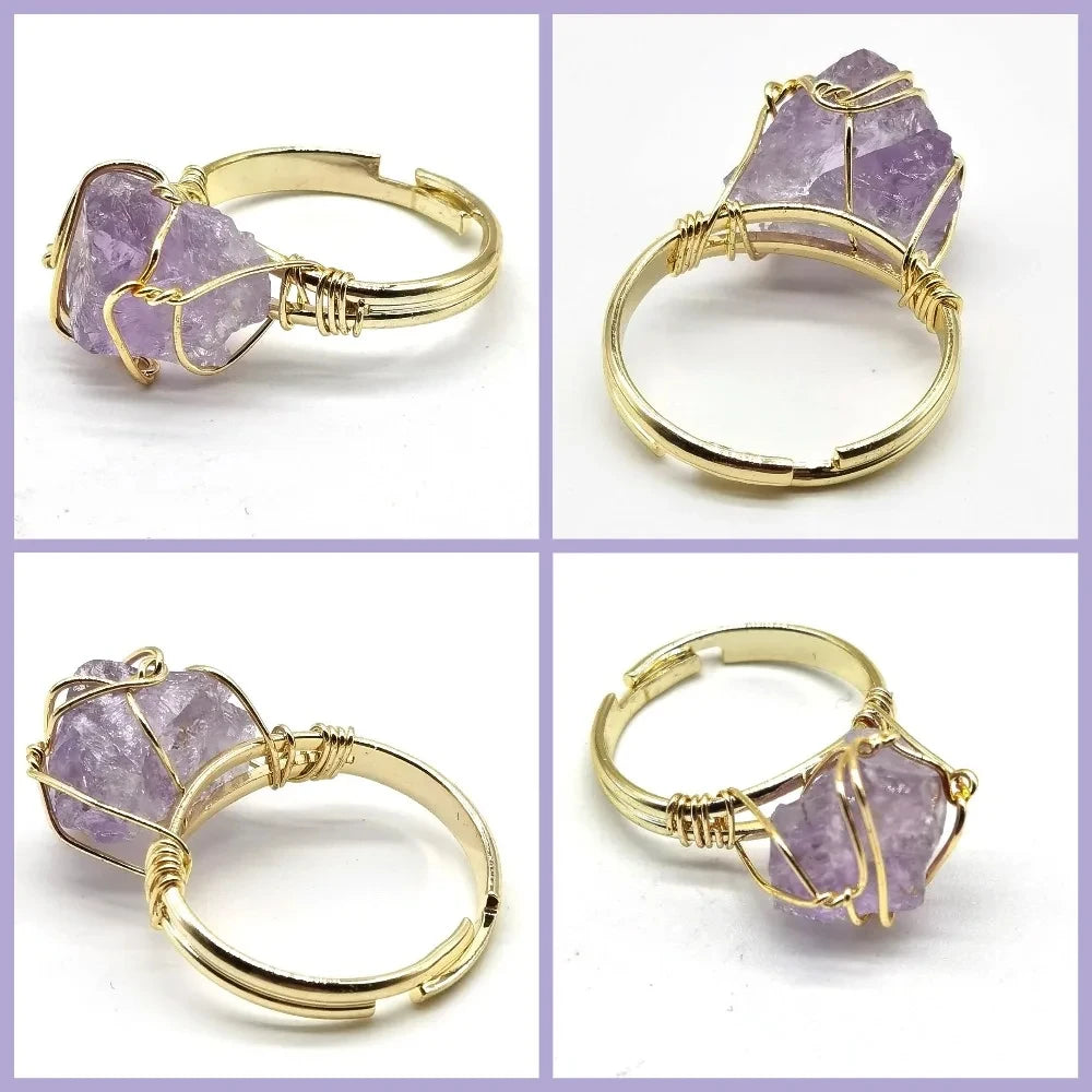 Natural Stone Irregular Gemstone Mineral Ring 10-20mm Amethyst Rose Quartz Gemstone Jewellery Adjustable Hand-Woven Ring