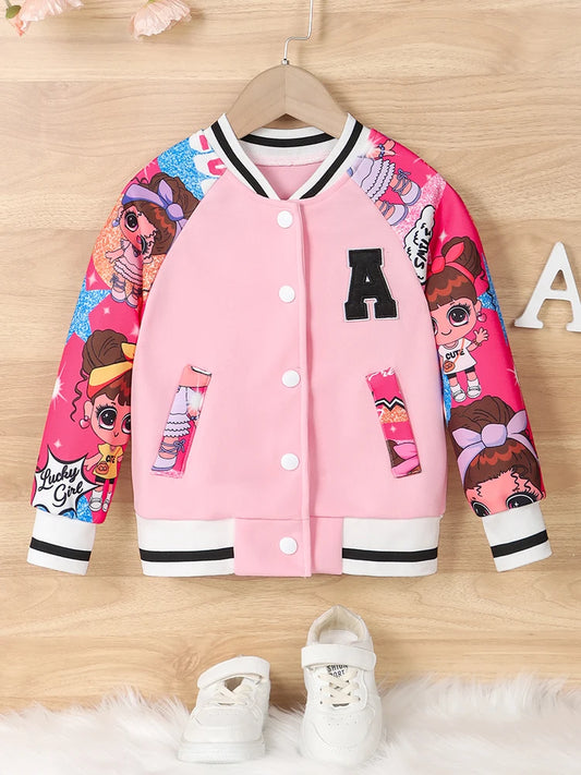 Girls Letter“A” Pattern Cartoon Doll Print Baseball Uniform Jacket, Kids's Spring and Autumn Casual Jacket