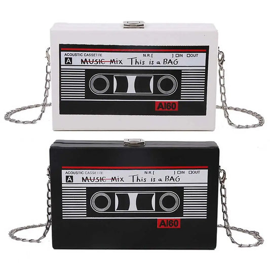 Women Cute Sling Bag Radio Shape Mini Chain Purse PU Leather Tape Recorder Print Ladies Daily Commute Bag
