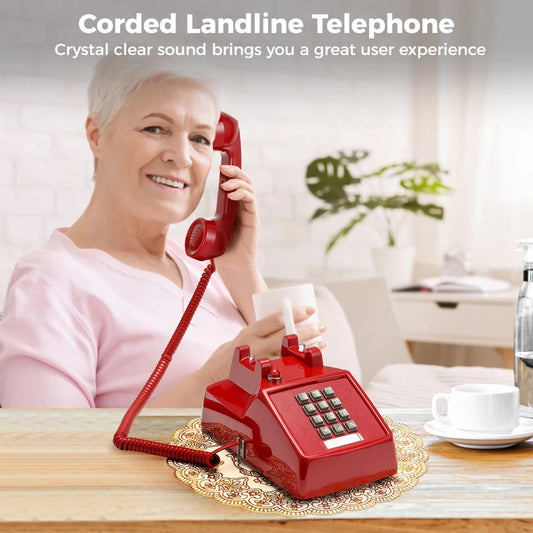 Red Corded Landline Telephone Crystal Clear Sound Vintage Landline Phone Adjustable Volume Ringtone Old Fashioned Desk Telephone