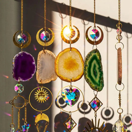 45cm Sun Catcher Natural Stones Agate Crystal Wind Chime Rainbow Making Diamond Prisms Pendant Dream Catcher Hanging Garden Deco