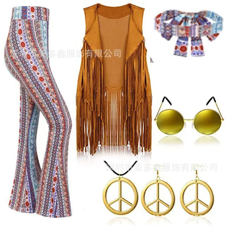 Hippie Disco 60s 70s Cosplay Costume Women Girls Hip Indian Retro Tassels Vest Cardigan Halloween Carnival Party Kate Moss