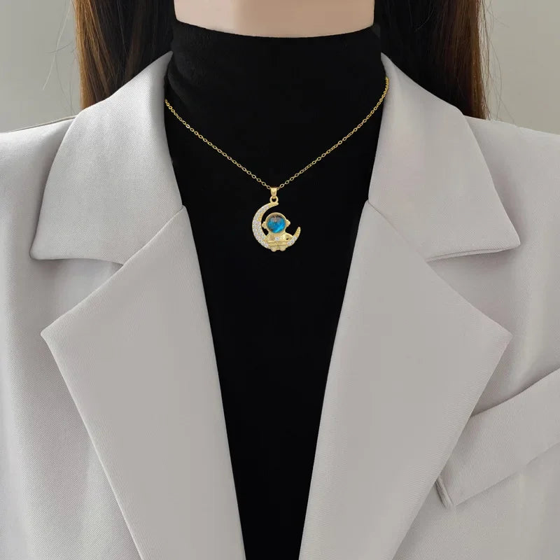 Fashion Astronaut Moon Zircon Pendant Necklace for Women Girls Stainless Steel Chain Party Accessories Jewelry Gifts