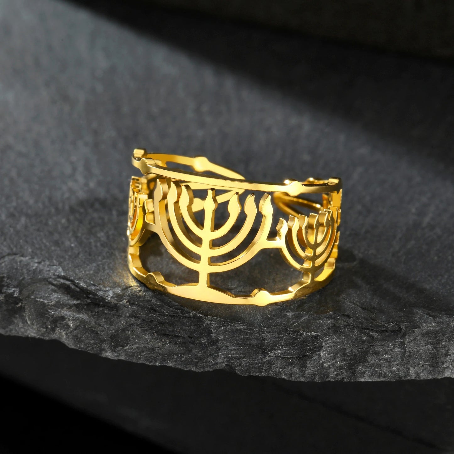 Vintage Hexagonal Star Candlestick Open Ring Stainless Steel Adjustable Eternal Light Faith Lamp Ring Illuminati Jewelry Gift