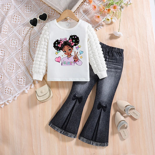 Spring and Autumn Girls' Fashion Set with White Round Neck Cartoon Printed Long Sleeve and Solid Color Slimming Pants, Two Piece