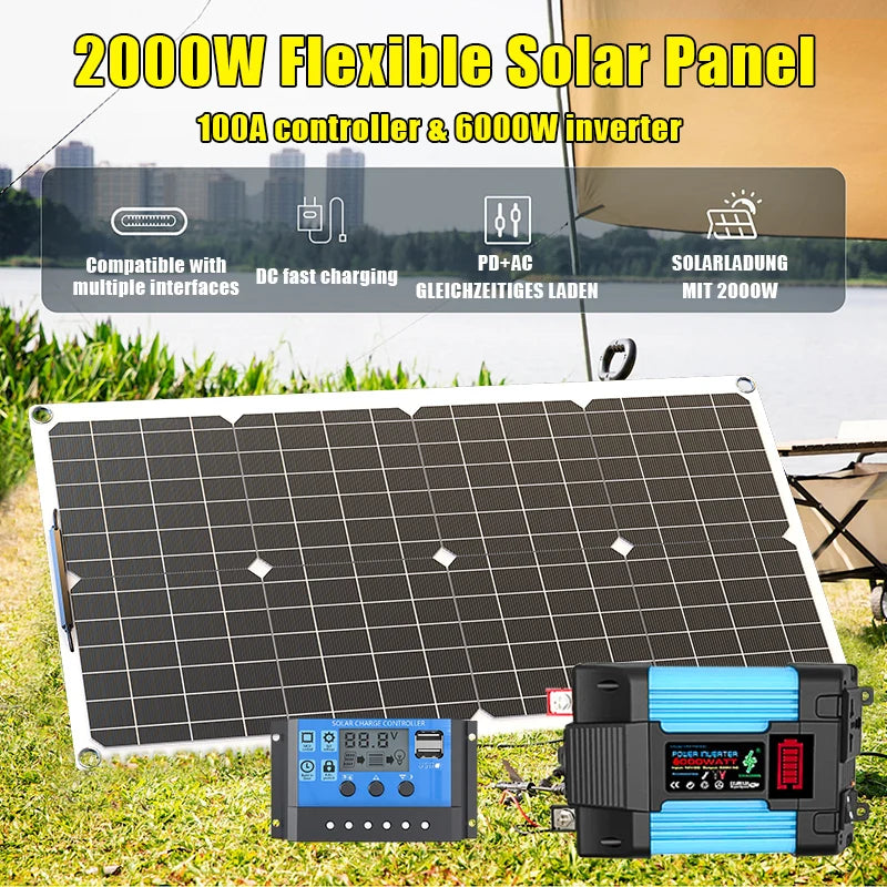 2000W Solar Panel Kit - 12V Battery Charger 4000W 110V/220V Inverter for Complete Home & Outdoor Power System