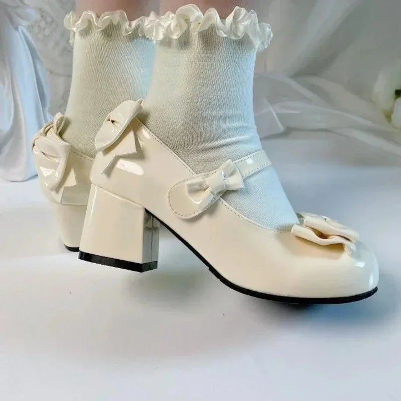 2025Lolita Style Cute Round Head  Jane Pumps With Bow Women's Sweet Party Dress Midi Heels Shoes Fashion PU Sandals