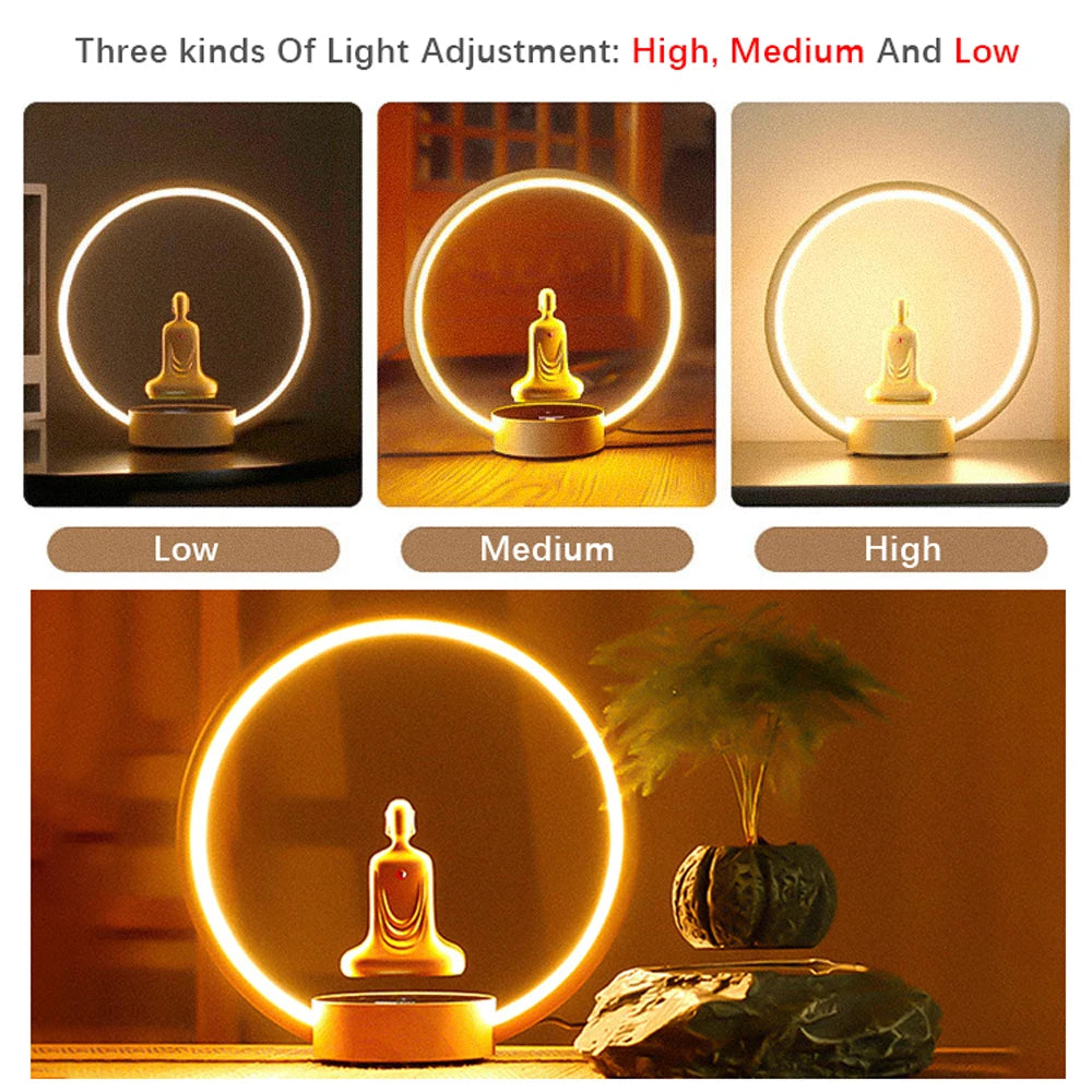 Magnetic Levitation Gold-plated Faceless Buddha Auto Rotation LED Luminous Ring Smart Lamp Zen Meditation Buddha Statue Ornament