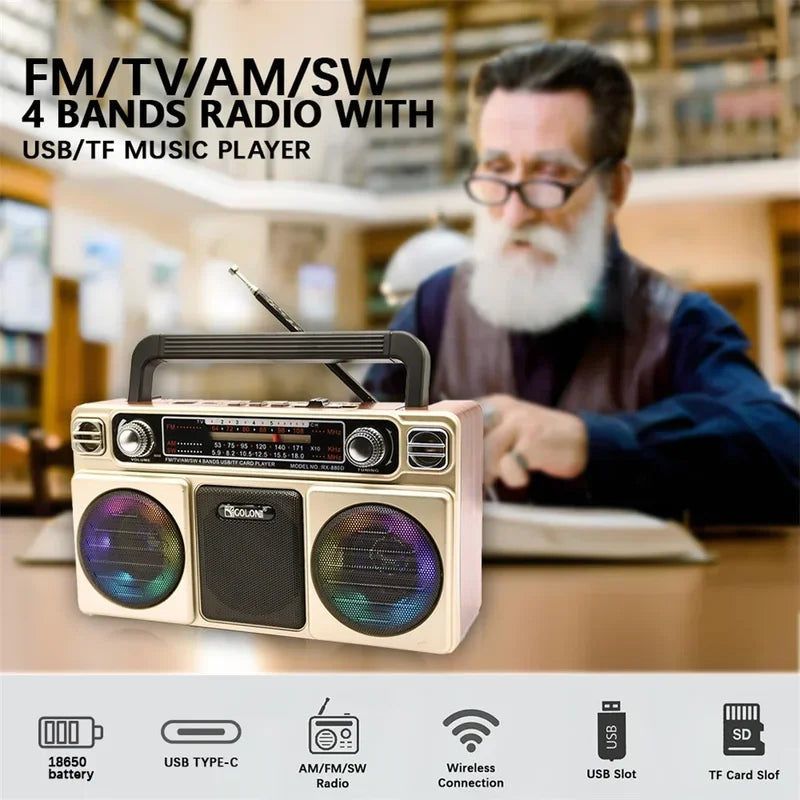 RX-880D Portable Wireless Bluetooth Speakers with Disco Light Vintage Multifunction FM TV AM SW 4 Bands Radio U Disk TF Boombox
