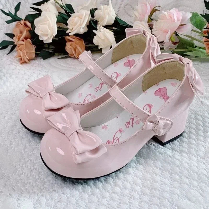 2025Lolita Style Cute Round Head  Jane Pumps With Bow Women's Sweet Party Dress Midi Heels Shoes Fashion PU Sandals