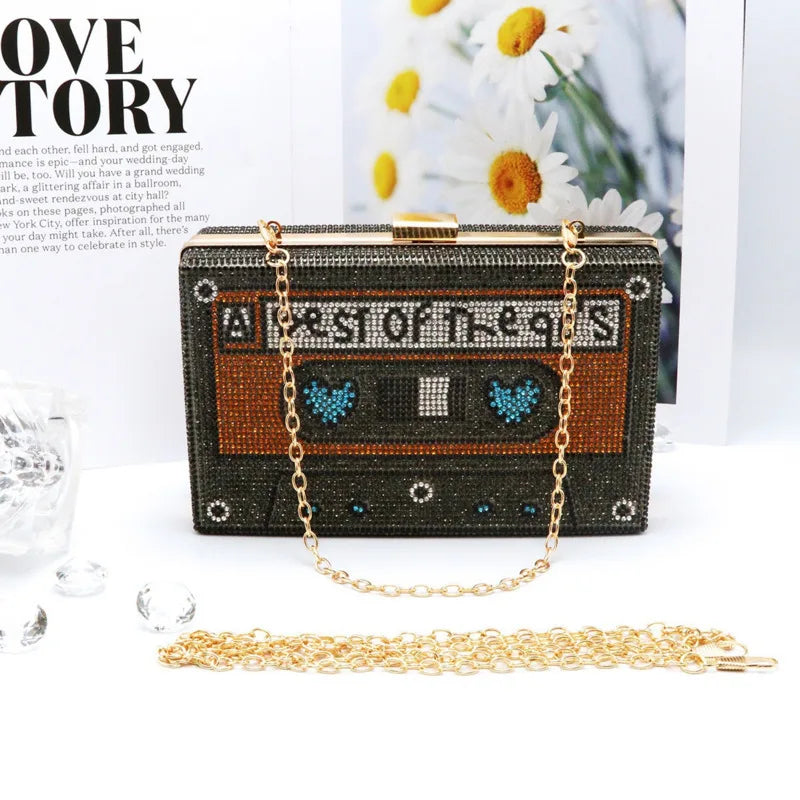 Crystal Women's Luxury Rhinestone Wedding Clutch Bag Cassette Tape Evening Bag Party Money Purses Handbags Shoulder Bag