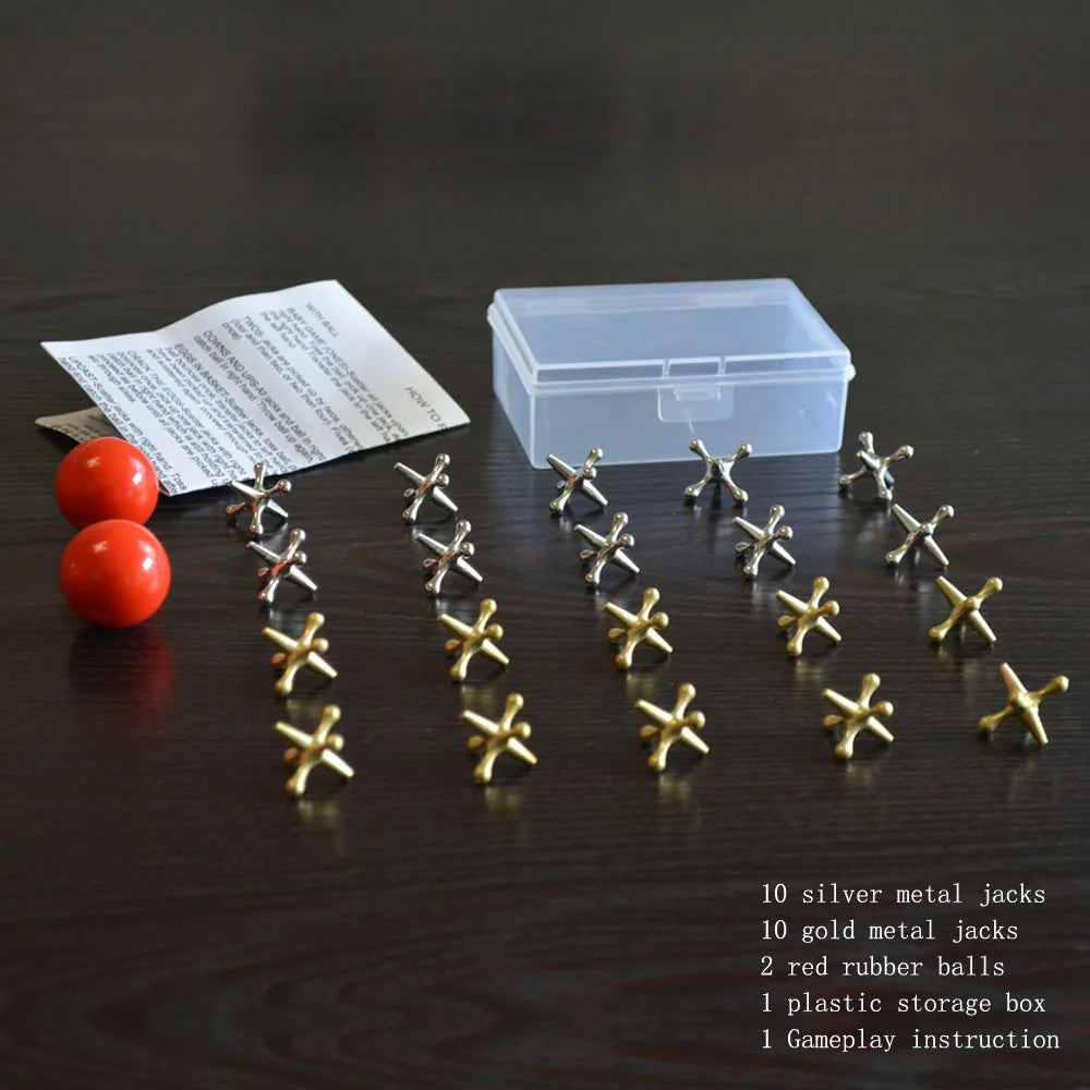 23Pcs/Set Metal Jacks and Ball Game Toy Gold Silver Toned Jacks with Red Rubber Bouncy Balls Big Jacks Game Toy Set for Kids