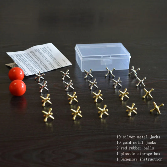 23Pcs/Set Metal Jacks and Ball Game Toy Gold Silver Toned Jacks with Red Rubber Bouncy Balls Big Jacks Game Toy Set for Kids