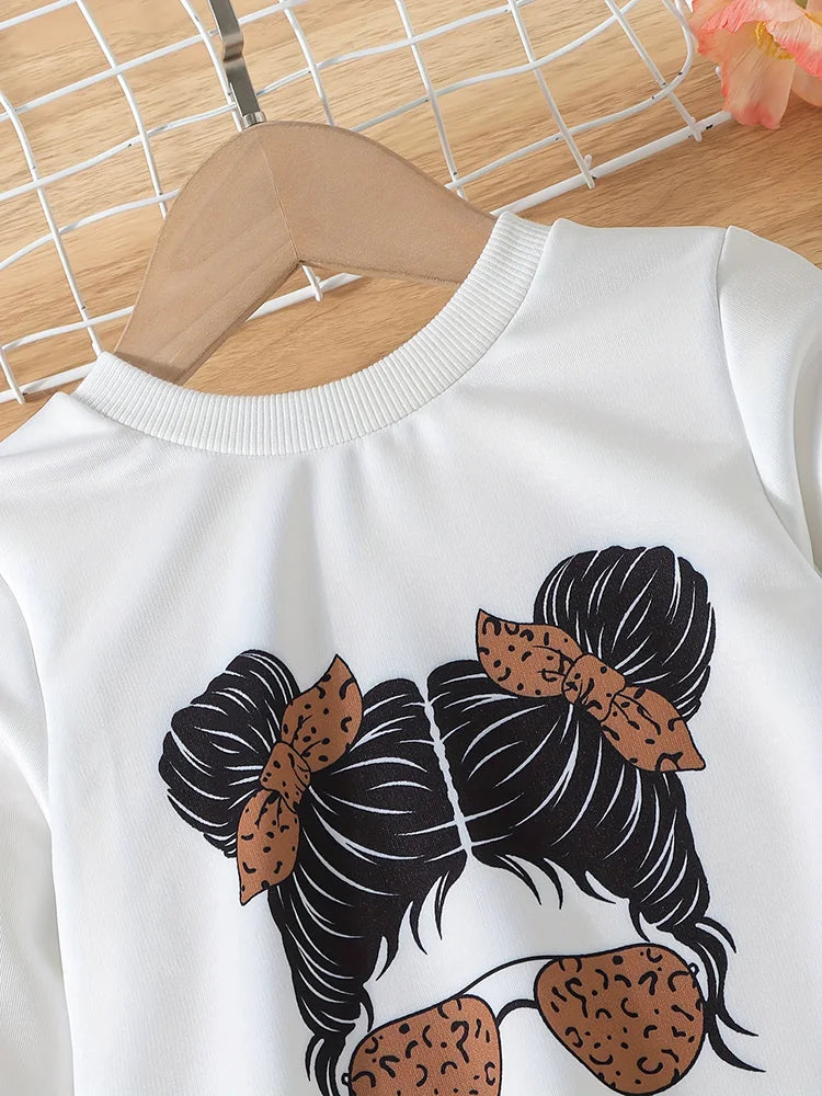 2-Piece Set of Girls' Autum Portrait Printed Round Neck Long-Sleeved Sweatshirt Pure Color Splicing Pleated Printed Pants Set