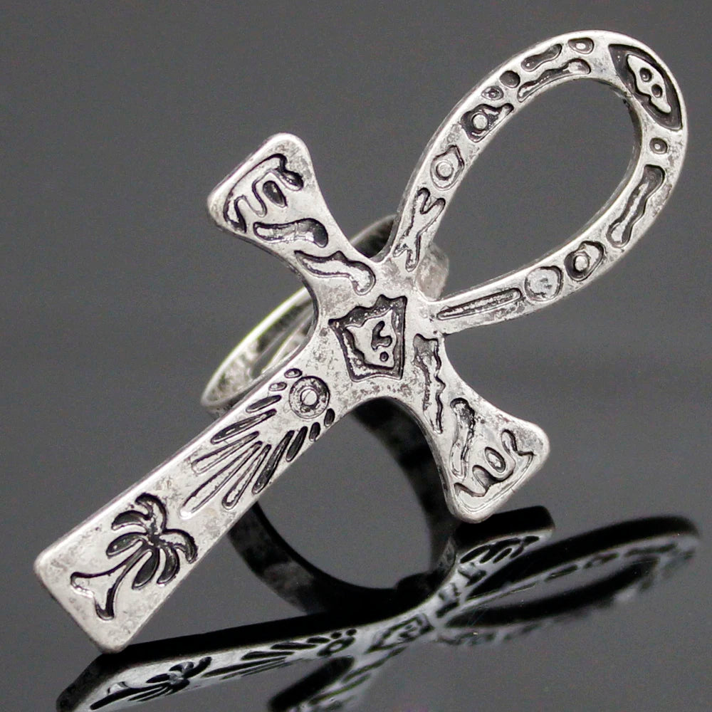 RechicGu Vintage Carved Egyptian Scriptures Ankh Cross Gothic Band Finger Ring For Women Men Fashion Jewelry Hip Hop Accessories