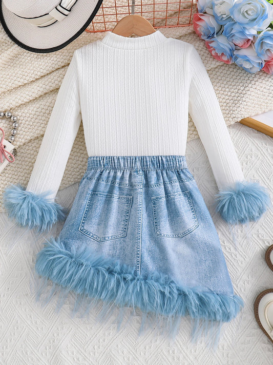 Spring and autumn fashion girls outdoor casual wear white knitted round neck splicing wool long sleeve top light blue tight set
