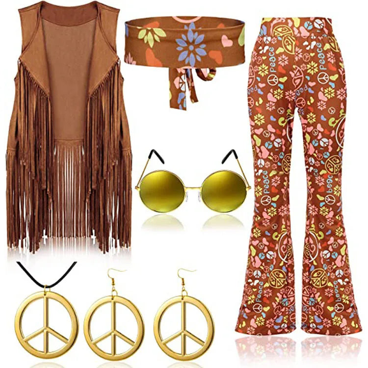 Hippie Disco 60s 70s Cosplay Costume Women Girls Hip Indian Retro Tassels Vest Cardigan Halloween Carnival Party Kate Moss