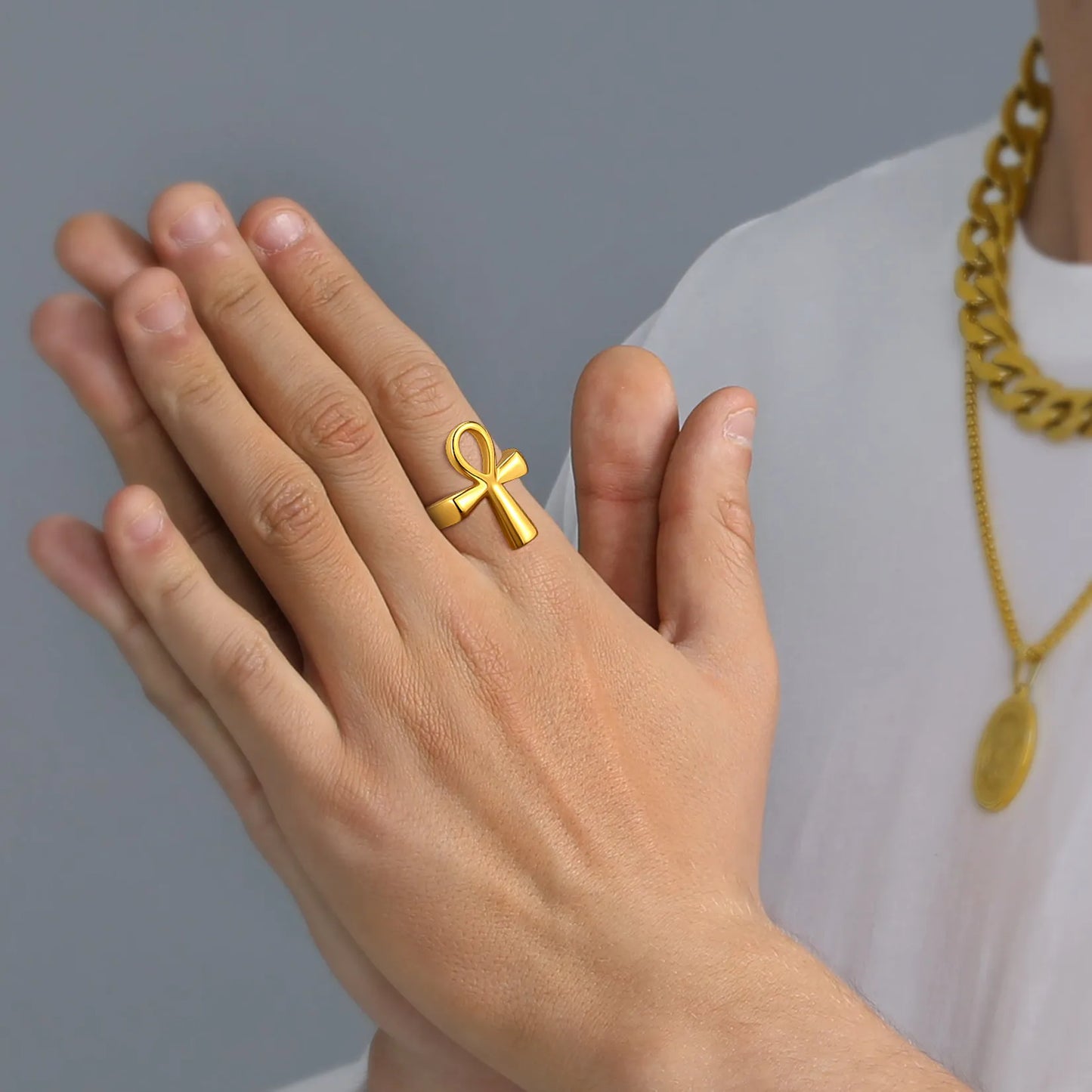 U7 Stainless Steel Ankh Cross Rings for Men Women Egyptian Hieroglyphs Symbol Key of Life Charm Size 7-14 Egypt Jewelry Gift