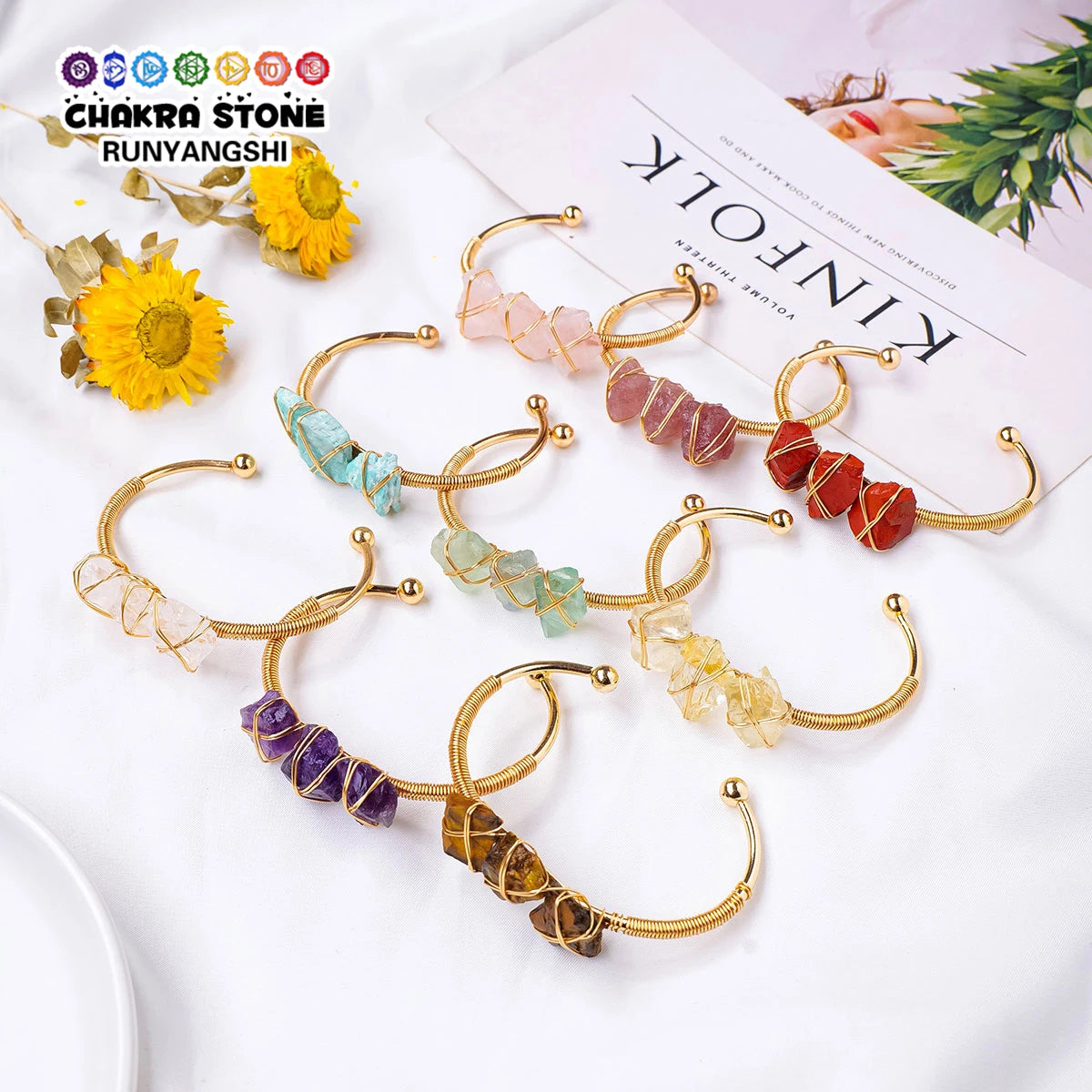 1PC Natural Crystal Lrregular Rough Raw Stone Bracelet Hand Woven Copper Wire Open Bracelet Jewelry Making For Women Jewelry
