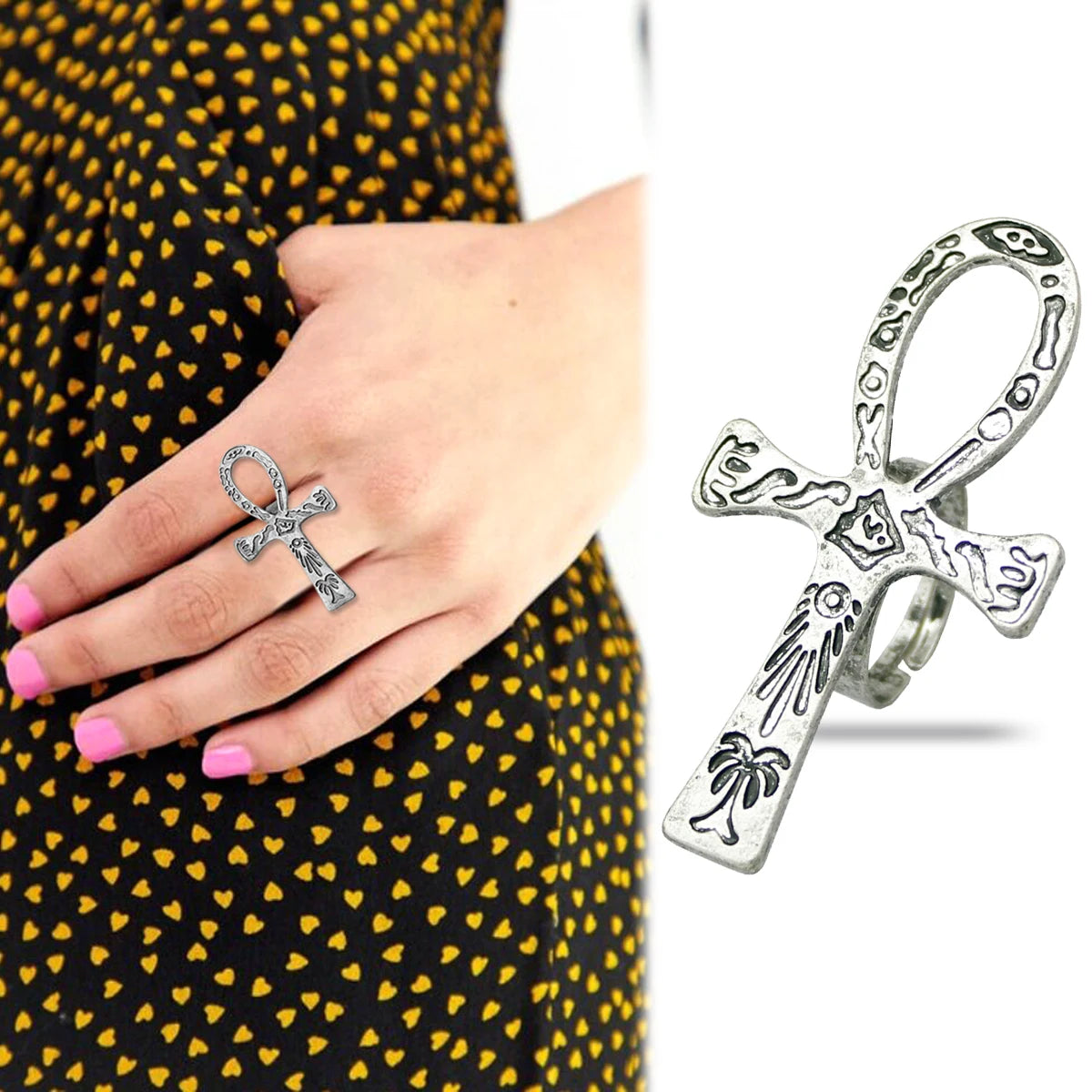 RechicGu Vintage Carved Egyptian Scriptures Ankh Cross Gothic Band Finger Ring For Women Men Fashion Jewelry Hip Hop Accessories