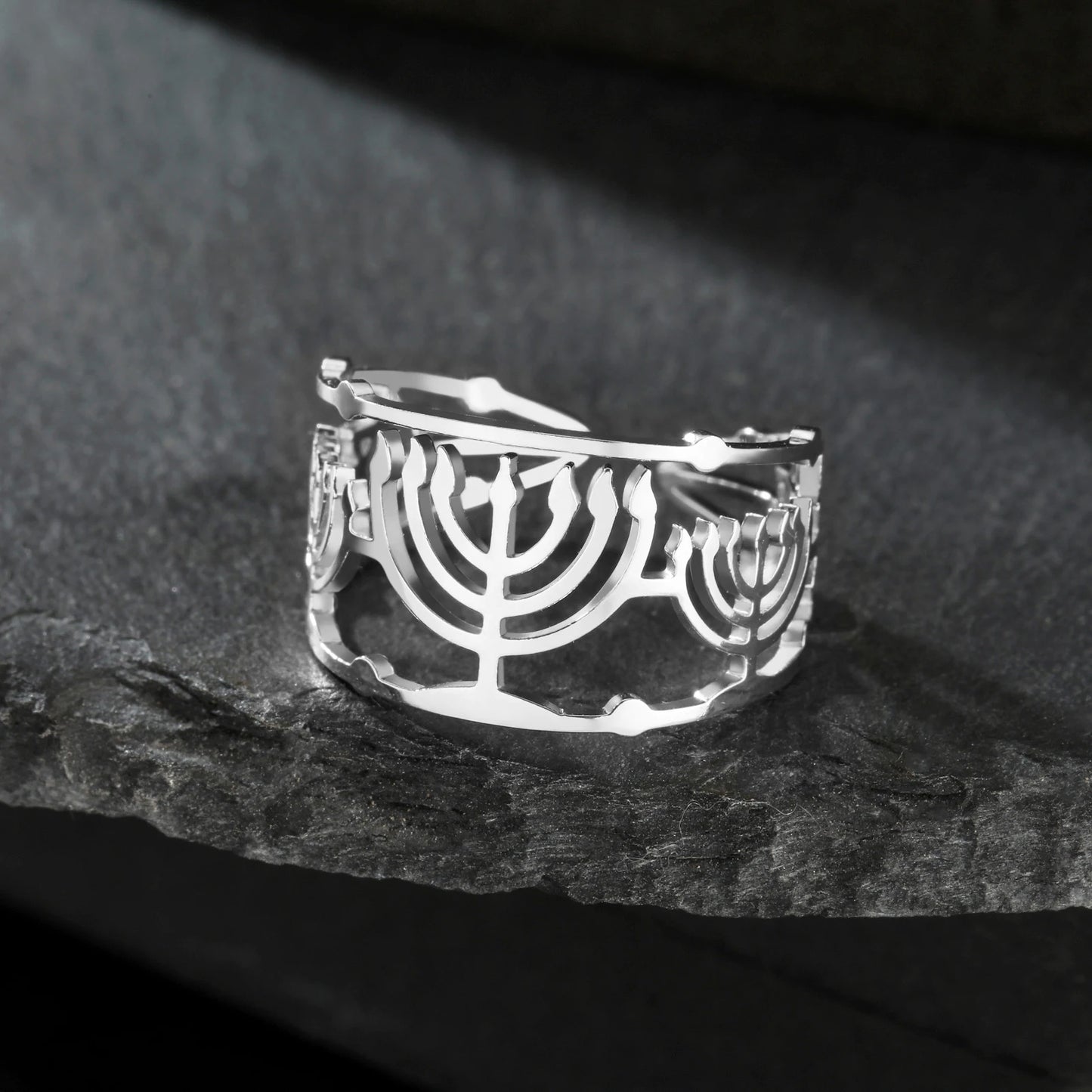 Vintage Hexagonal Star Candlestick Open Ring Stainless Steel Adjustable Eternal Light Faith Lamp Ring Illuminati Jewelry Gift