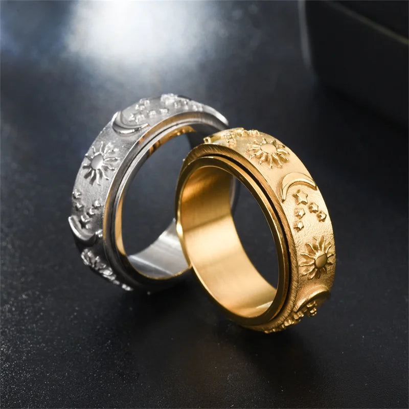 Spinning Anxiety Relaxing Rings For Men Stainless Steel Star And Moon Rotating Fidget Spinner Anti Stress Ring Bague Homme
