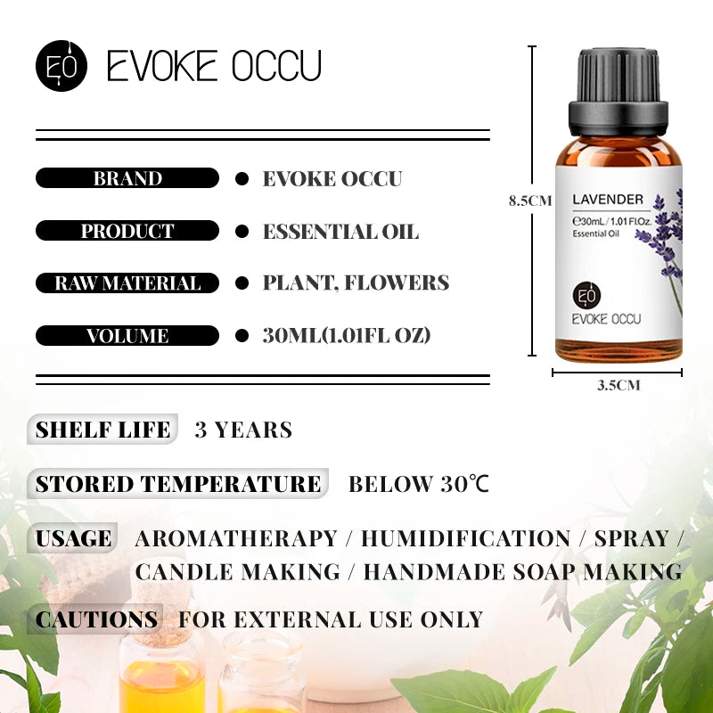 EVOKE OCCU 30ML Pure Nature Aroma Diffuser Essential Oils For Home Humidifier Massage Skin Hair Care Peppermint Jasmine Vanilla