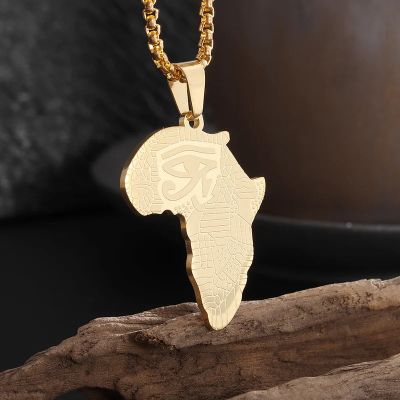 Ancient Egyptian Horus Eye African Map Necklace Stainless Steel Pendant Men's Retro Trend Amulet Jewelry