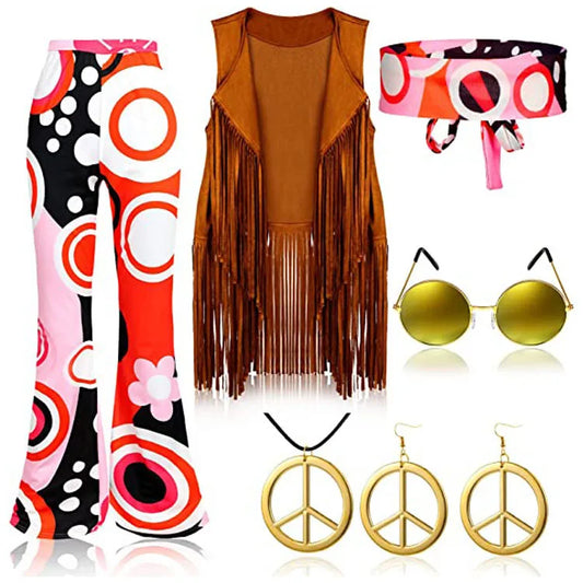 Hippie Disco 60s 70s Cosplay Costume Women Girls Hip Indian Retro Tassels Vest Cardigan Halloween Carnival Party Kate Moss